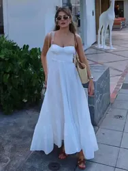 HH Woman Fashion Summer Chic Long Dresses White Sling Sleeveless Backless Lace-Up Decoration Zipper Female Beach Style Dress