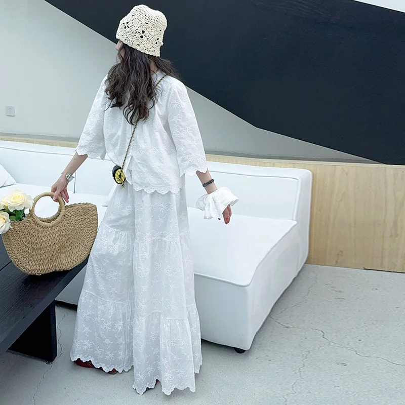 

white teen girls clothes set Embroidered shirt+lace wide leg pants 2pcs chic junior kid suit child outfits vetement enfant fille