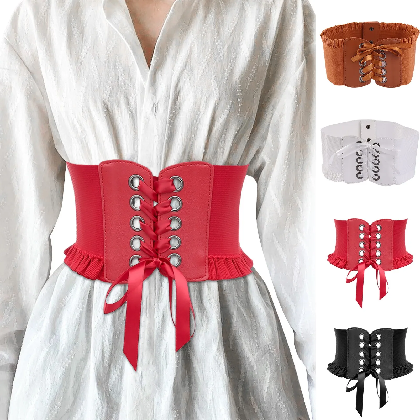 Women Lace Up Corset Belts Elastic Waist Belt Tied Halloween Retro Wide Belt Cowboy Belt