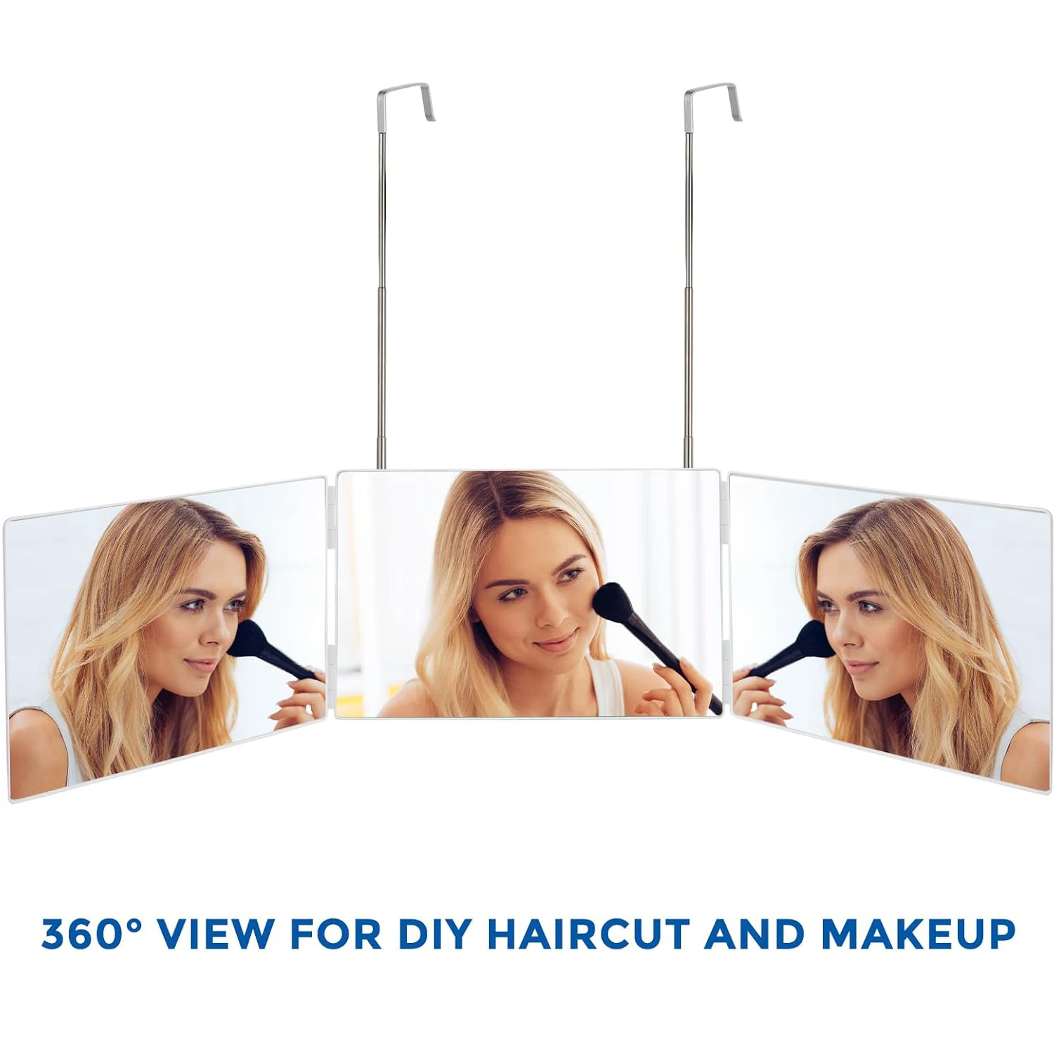 Trifold Shaving Mirror with Height Adjustable Telescoping Hooks for Self Hair Cutting Makeup Essential Fordable Portable White