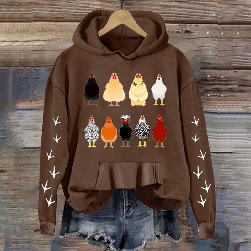 Loose sweatshirt women\'s Thanksgiving hoodie cute farm chicken print design dark brown pullover ﻿