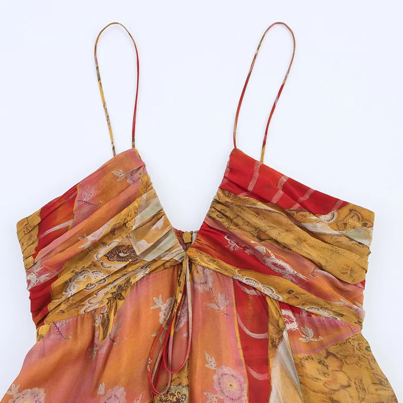 패션 로우컷 V넥 비치 롱 드레스 서스펜더 여름 패턴 프린트 여성 드레스 백리스 홀터넥 플리츠 보헤미안 드레스