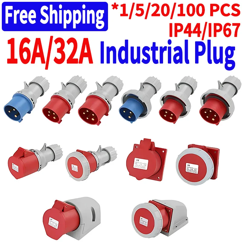 1/5/20/50 PCS 16/32A Industrial Plug and Socket 3P/4P/5Pin Electrical Connector IP67 Wall Mounted Socket Male&Female Plug