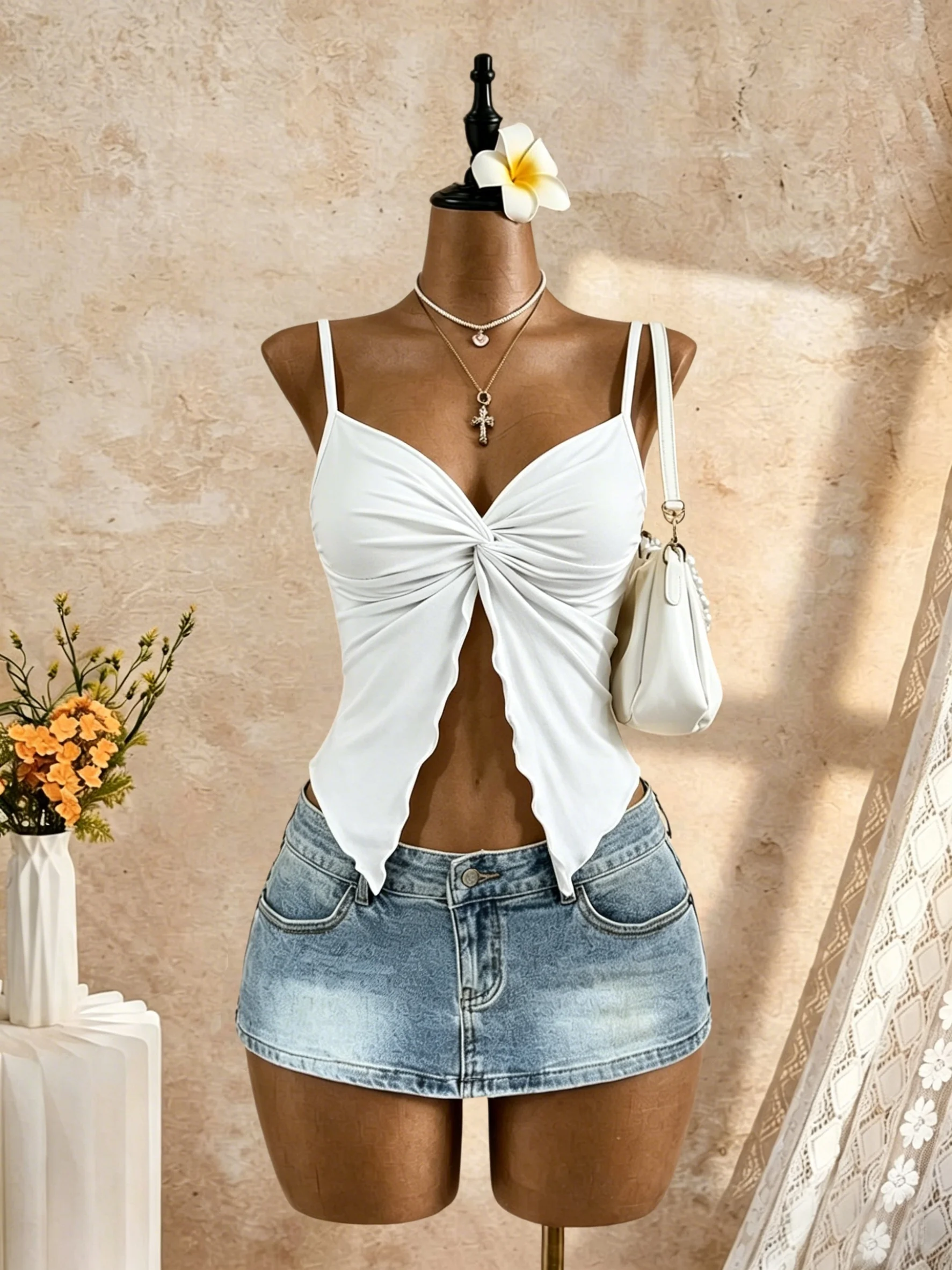 Damen Spaghetti-Träger V-Ausschnitt Twist-Front Cut-Out Rüschen Unregelmäßiger Saum Slim Fit Crop Cami Top 2026 Sommer Y2K Einfarbig Weiß Ärmellos