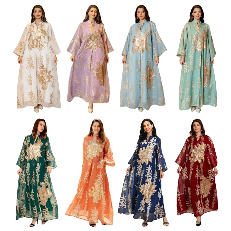 

Women Muslims Dress Robe Embroidered Dress Islamic Full Length Dress Middle East Thobe Female Long Sleeves Dress