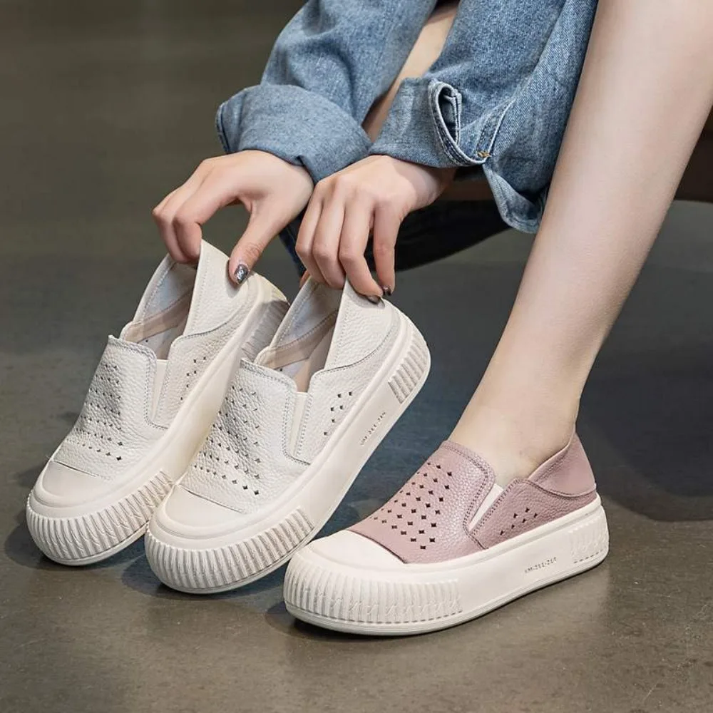 

Hot Sell 2025 Hollow Full Genuine Leather Sneakers Platform Heightening Shoes Woman New Breathable Casual Sneakers Tide