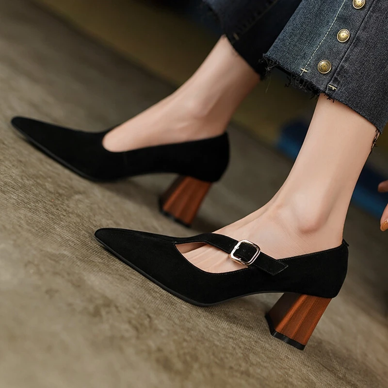 2023 Spring Women Shoes Pointed Toe Chunky Heel Women Pumps Sheep Suede High Heels Belt Buckle Shoes for Women zapatos de mujer