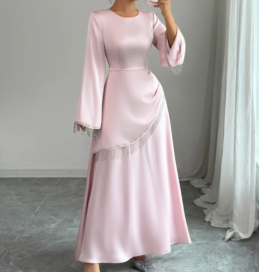 

Womens Dresses 2025 Spring Autumn New Solid Color Tassel Design High Waist Casual Round Neck Long Sleeved Temperament Long Dress