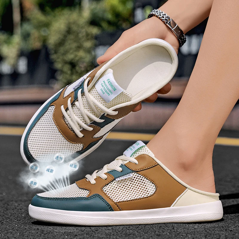 

Мужские получешки большого размера 47, сабо, сетчатые туфли на плоской подошве, полудрагоценные лоферы с открытой спиной, тапочки, мужские шлепанцы, сандалии с закрытым носком, повседневная обувь