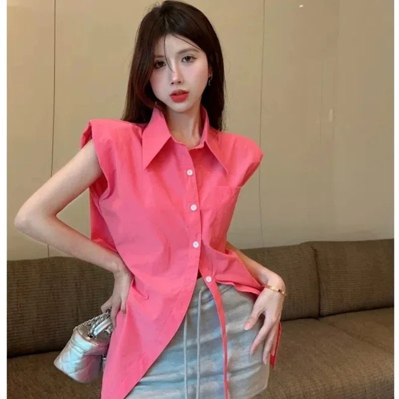 Women Clothing Polo Neck Slim Button Korean Blouse Summer New Short Sleeve Solid Irregular Fashion Shirt Tops Temperament Trend