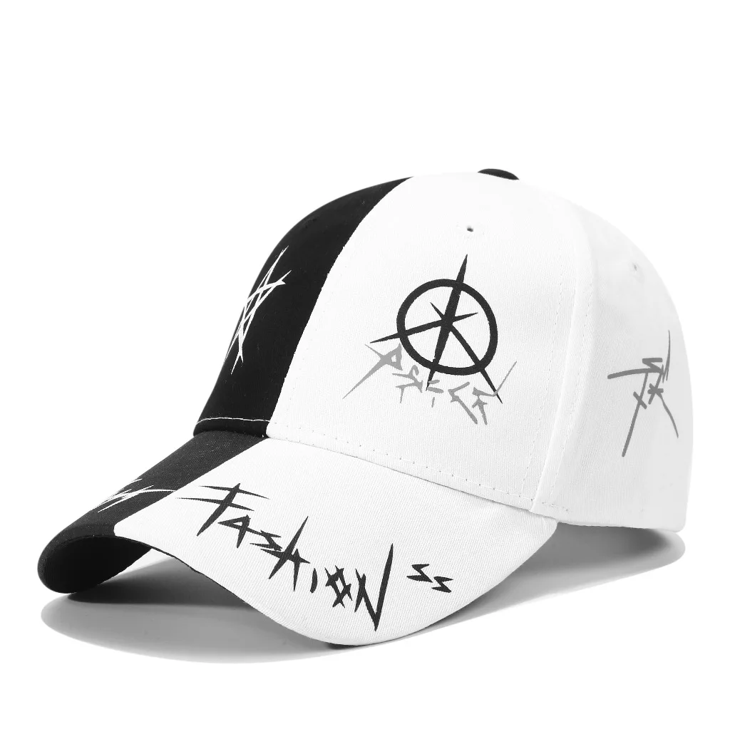 Women\'s versatile graffiti hat with black and white patchwork duck tongue hat, summer baseball hat, men\'s pentagram sun hat tren