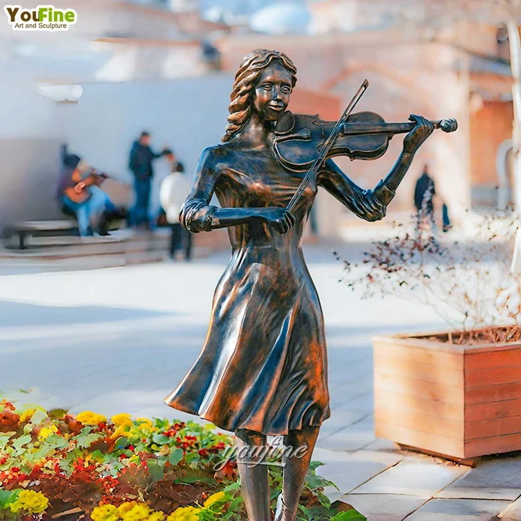 Garden Outdoor Decor Child Musician Sculpture Girl Playing Violin Bronze Statue