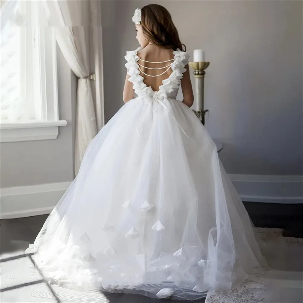 

White Flower Girl Dresses for Wedding Lace Appliques Sleeveless Girl Gowns for Photoshoot First Communion Gowns Customized