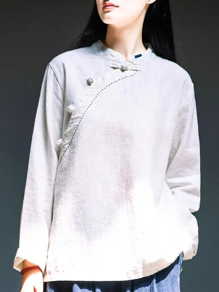 Artistic Chinese Retro Cotton and Linen Long Sleeved Shirt New Loose Stand Up Collar Button Top