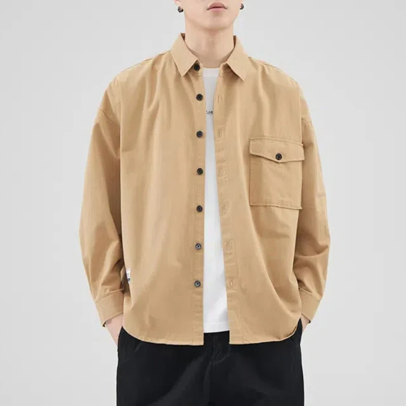 

Turn-down Collar Button Solid Color Cardigan Long Sleeve Pockets Men's Shirt Coats Casual Spring Autumn England Style Tops