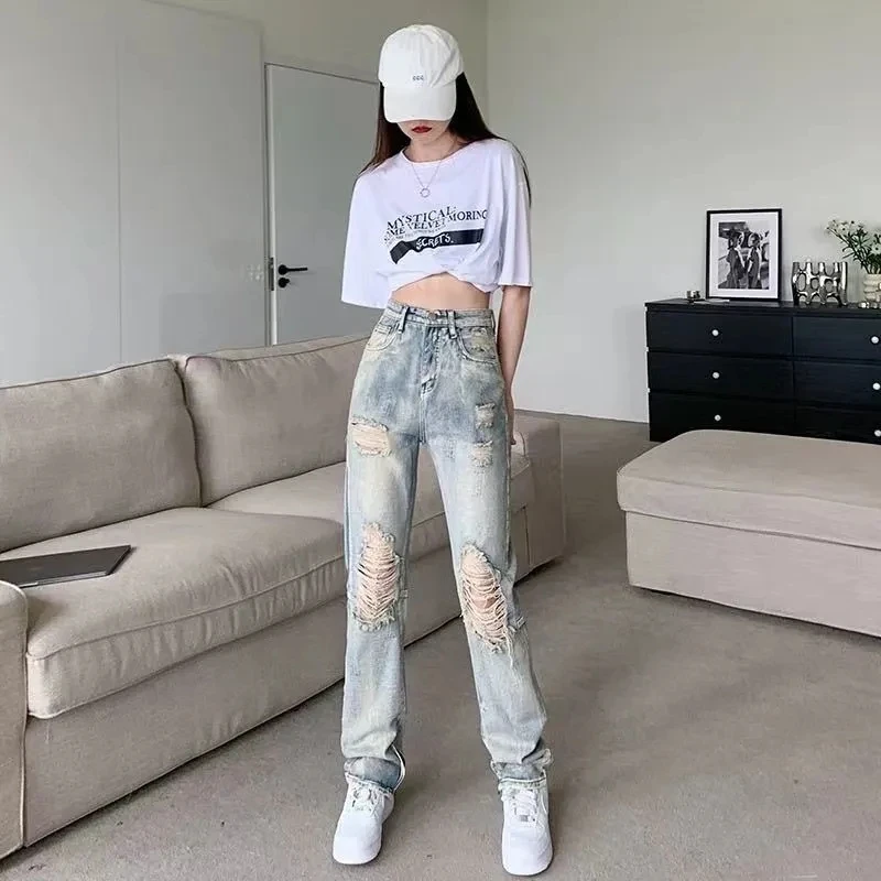 

High Street distressed oversized jeans for women Korean version trendy high waisted slim loose straight wide leg beggar pants