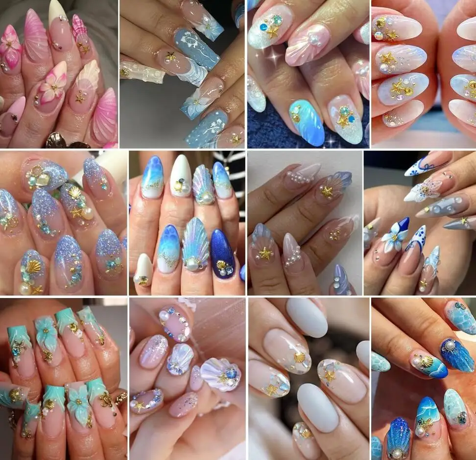 200pcs Ocean-Themed Nail Charms & Gemstones Starfish Seashell Rhinestones with Pearl Designs Nail Art Beach Vacation Nail Access