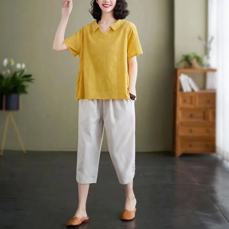 

Women's Yellow Polo Collar Short Sleeve Top & Light Gray Cropped Wide Leg Pants Two Piece Set