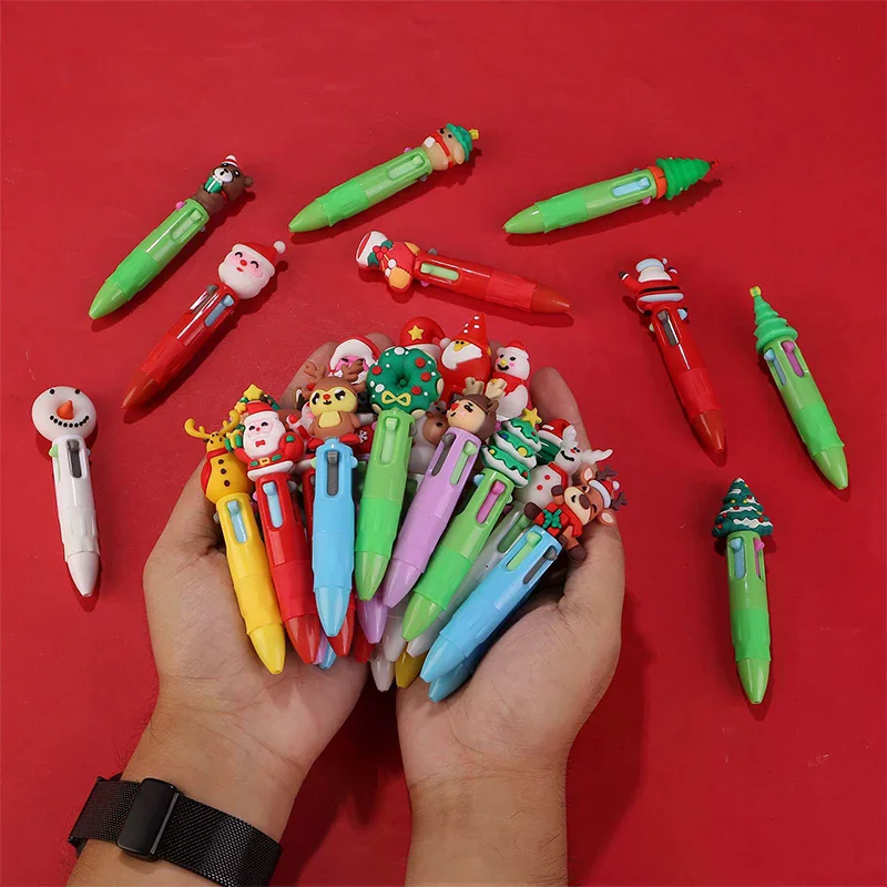 

10 шт., рождественская четырехцветная шариковая ручка, милый лось, Санта-Клаус, мини-гелевая ручка, ручка для справочника, студенческий приз, подарок