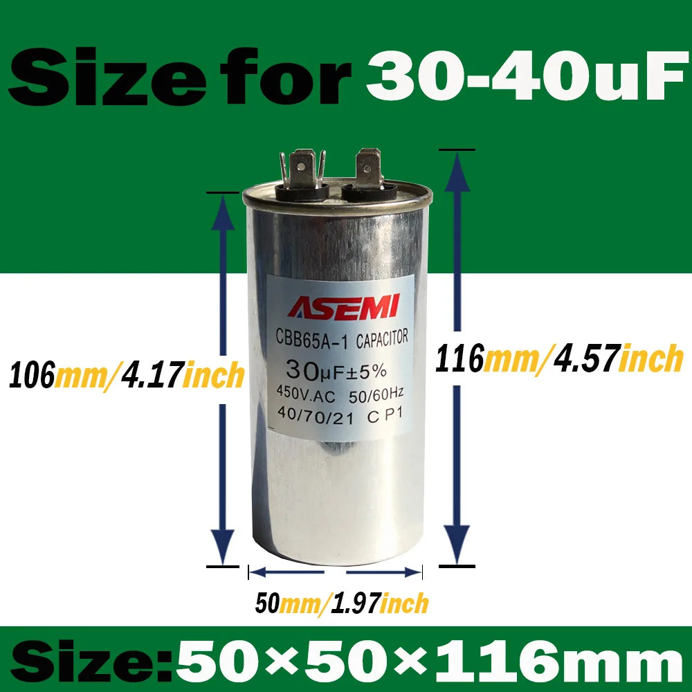 35uF 25uF 20uF 100uF 40uF 45uF 10uF 15uF 5uF CBB65 450V AC Motor Run Capacitor for Air Conditioner Compressor Start Capacitor view 4