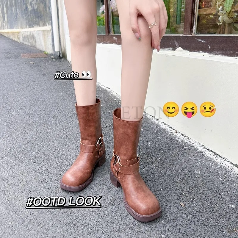 Platform Combat Boots Zip Chuny Heel Buckle  Vintage  Fashion  Casual  Luxury  Designer  Western  Mid  Calf  Boots  Shoes  Woman