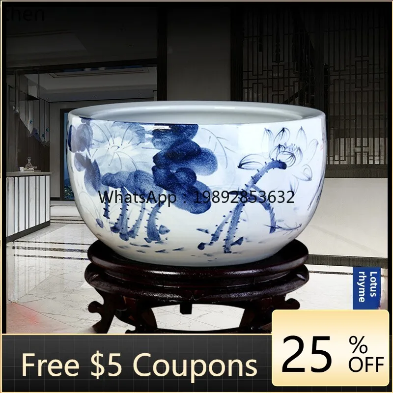 ABB  ceramic goldfish turtle tank fish pot household living room blue and white porcelain extra large lotus water lily tank