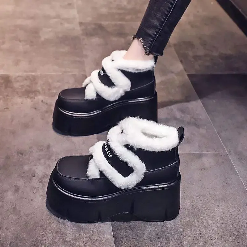 Fleece Lined Plush Women's Snow Boots Autumn Winter New Style Heightening Thick Bottom Platform Cotton Shoes Korean Style