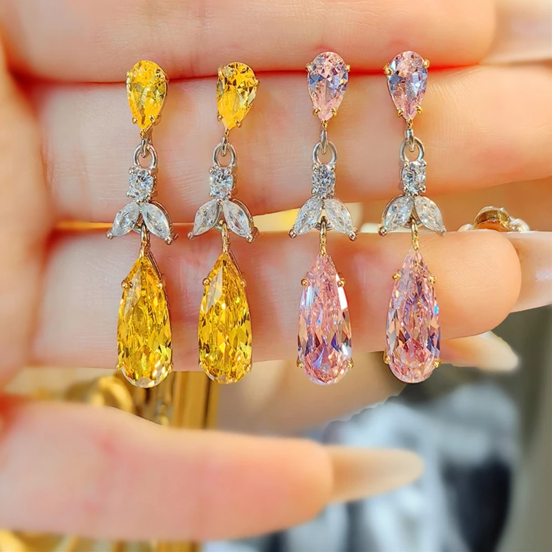 European and American retro earrings Drop pear-shaped red corundum earrings Blue tip zircon earrings long flower earrings