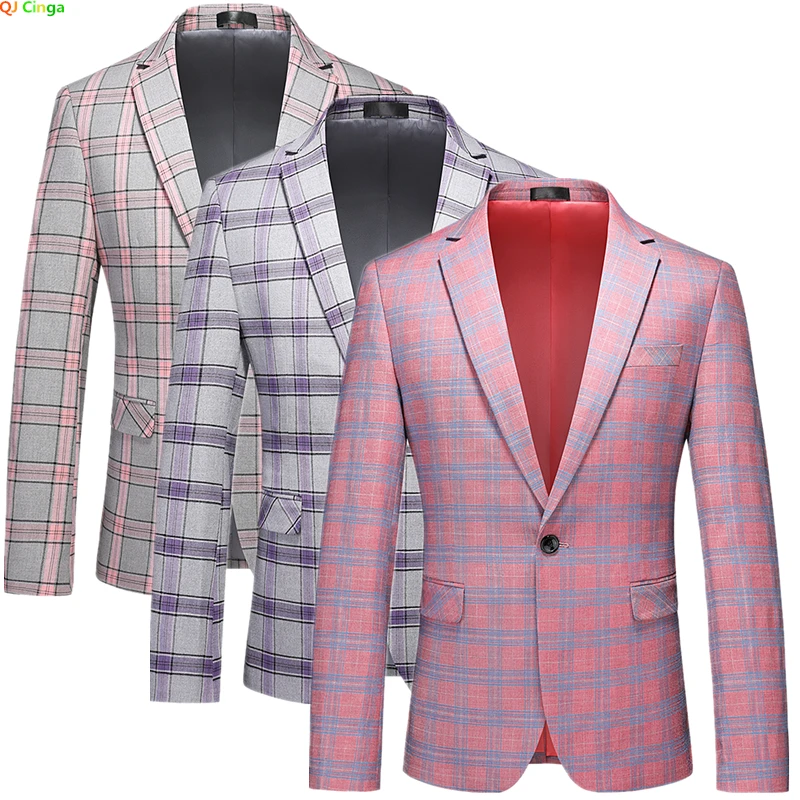 Spring New Men\'s Striped Suit Jacket Fashion Slim Men Plaid Dress Coat Red Purple Pink Gray Blazers Big Size 6XL Terno Masculino