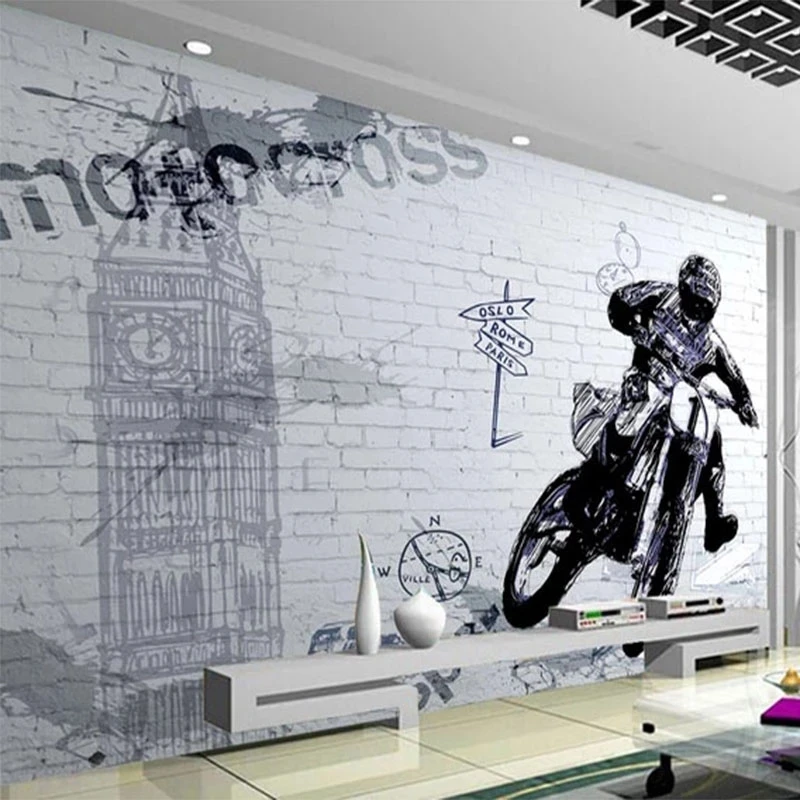 Customized 3D Mural Retro Motorcycle Character Brick Wall Wallpaper Restaurant Cafe Living room sofa TV background wall bedroom