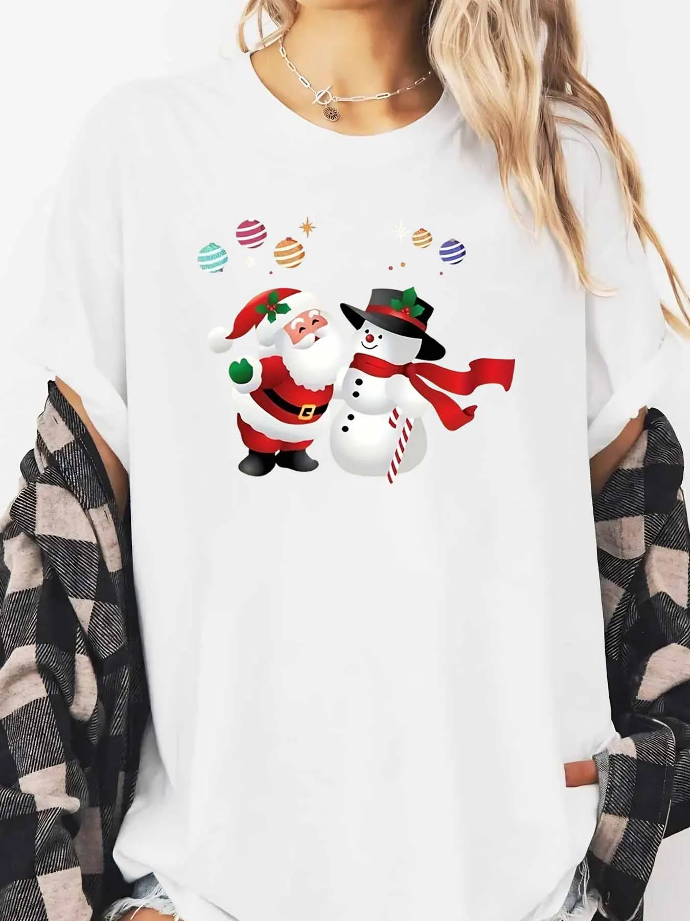 سانتا ورجل الثلج طباعة عيد الميلاد طويلة الأكمام تي شيرت المرأة عطلة عادية ارتداء الأبيض حجم كبير