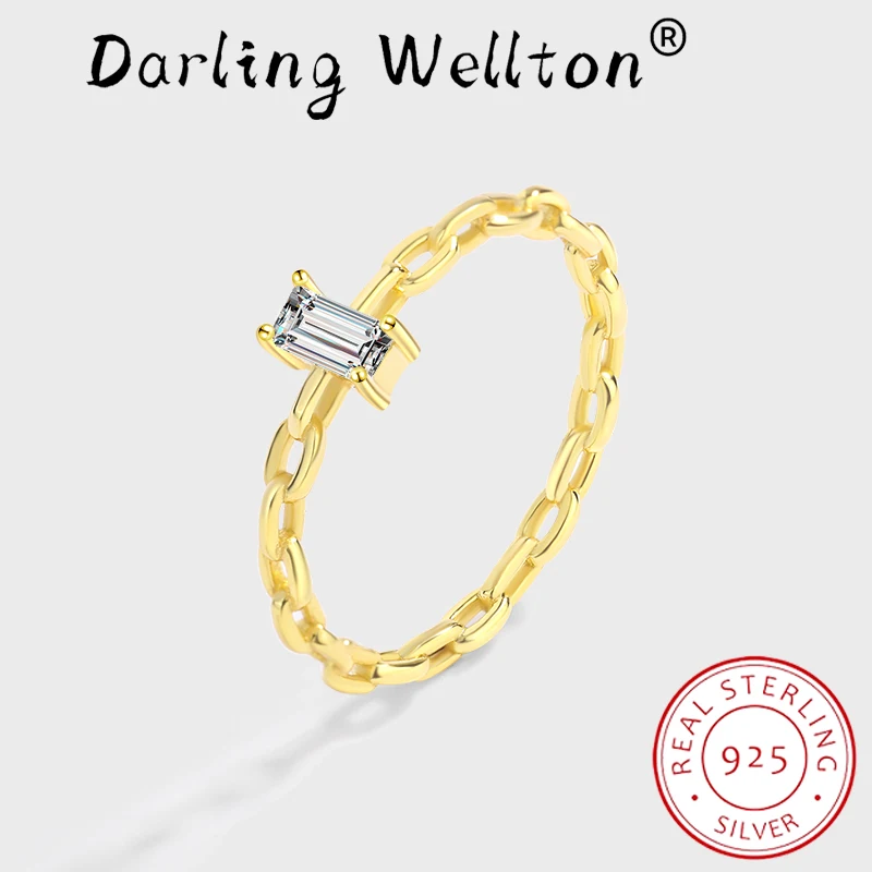 Classic 18K Gold Cutout Baguette Full Diamond Crystal Couple Ring For Women Four Prong Original Sterling Silver Wedding Jewelry