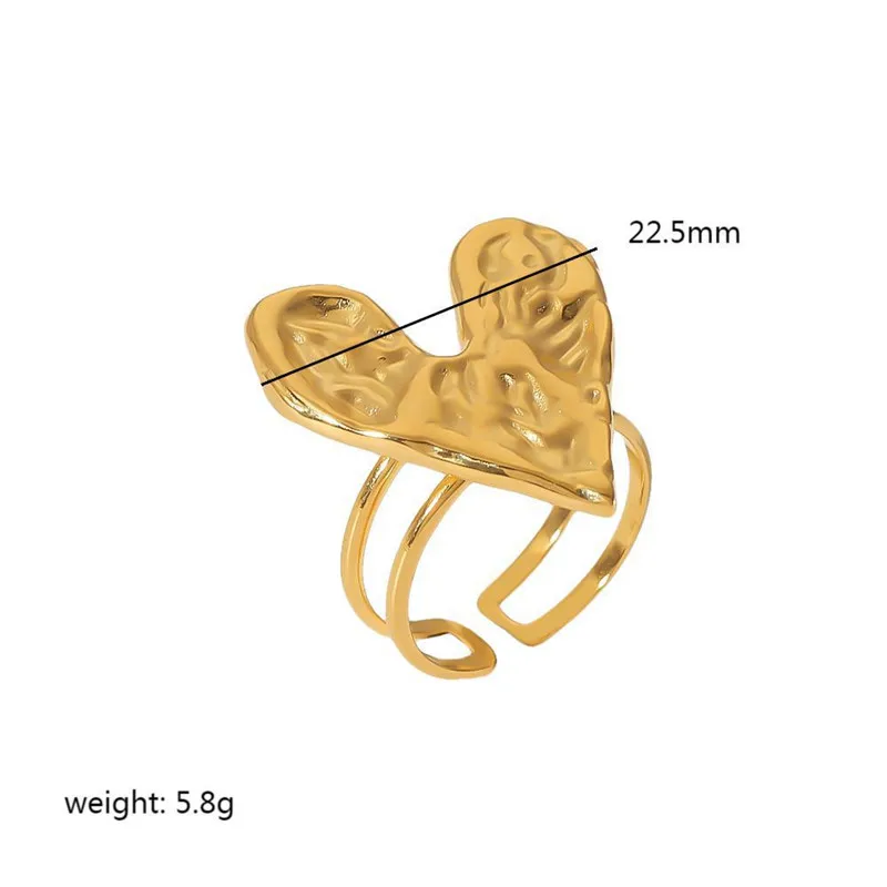 Stainless Steel Hammer Pattern Big Heart Opening Golden Ring for Women Fashion Accessories Texture Design Jewelry Birthday Gifts