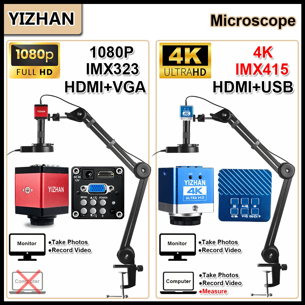 YIZHAN 4K/1080P 30FPS Electronic Digital Microscope HDMI USB/VGA HD Soldering Camera 150X Lens 0.3X/0.5X/2X Baelow Tools Repair