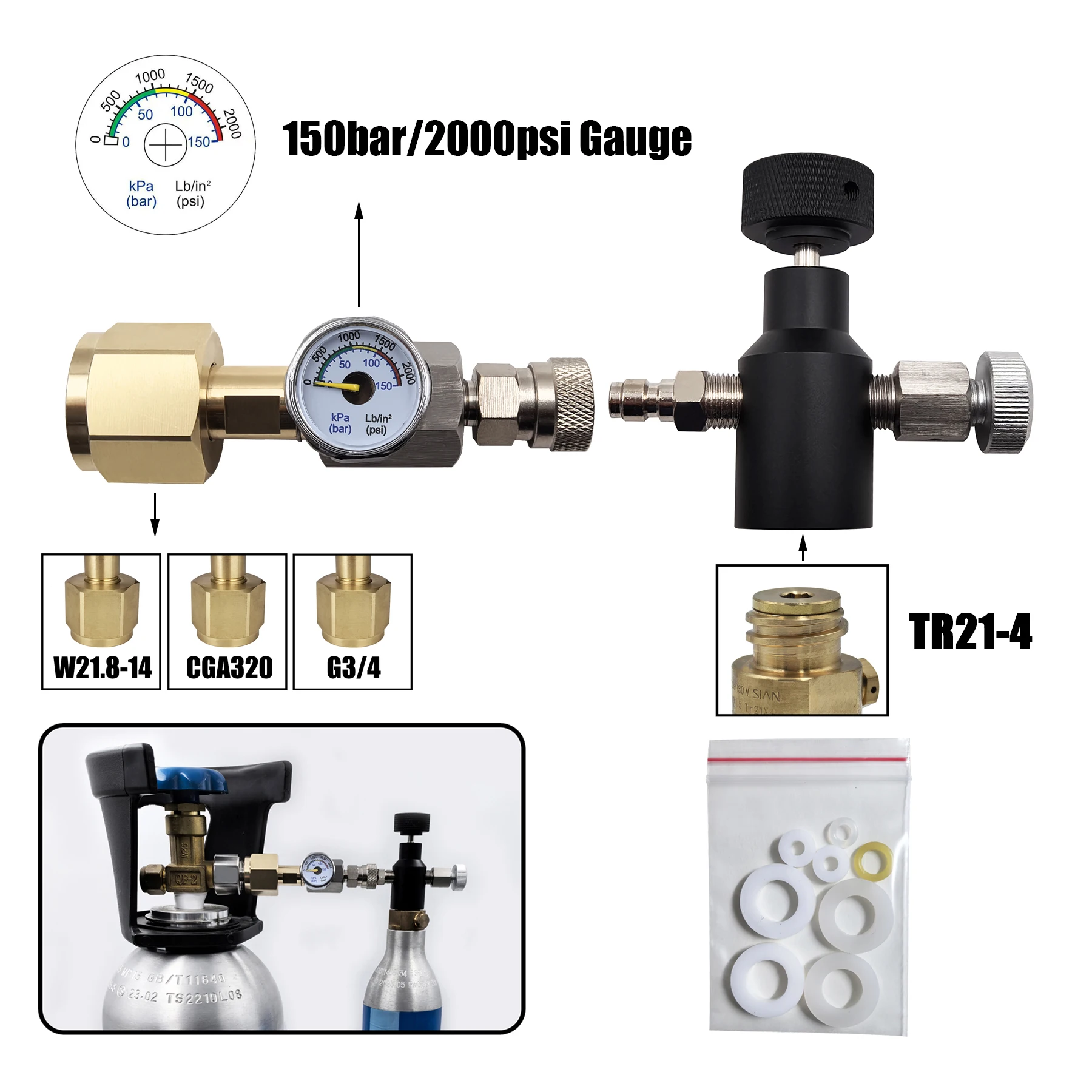 Soda Water Carbon Dioxide Cylinder TR21-4 Fill Adapter Filling Station Connector CO2 Refill Gauge W21.8, CGA320, G3/4