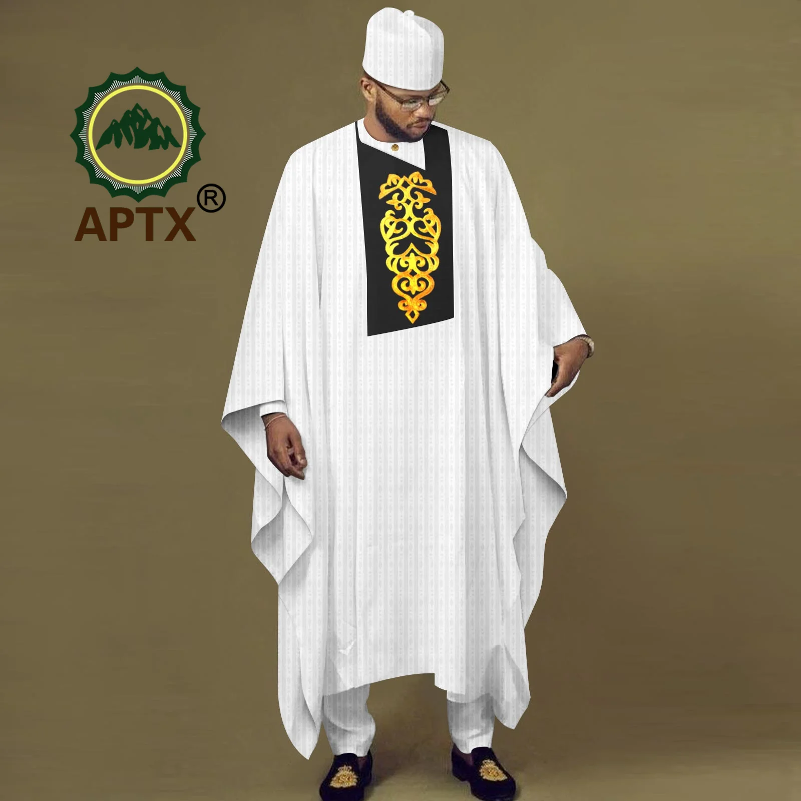 African Men's Suit for Wedding Abaya 4 PCS Long Sleeve Embroidery Robe+ Shirt +Pants +Hat Daily Wear Polyester Material A2316048