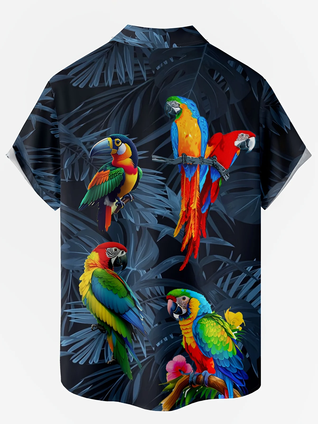 Men Short Sleeve Button Down Shirt Tropical Macaw Parrot Palm Leaf Print Polyester Casual Holiday Beach Blouse