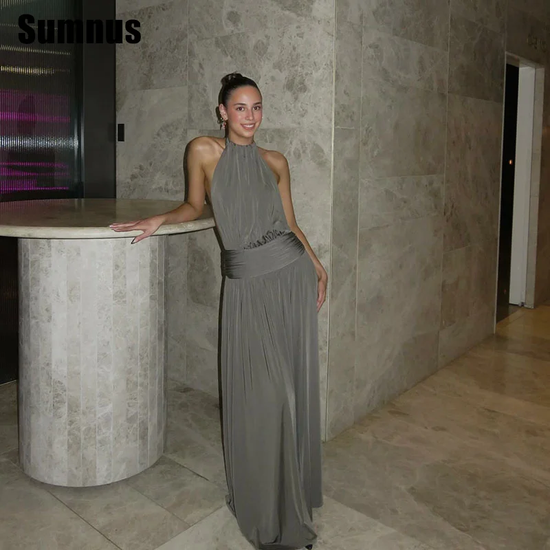 

Sumnus Simple Straight Evening Dress Halter Backless Draped Sleeveless Formal Occasion Gowns فساتين سهرة Customized