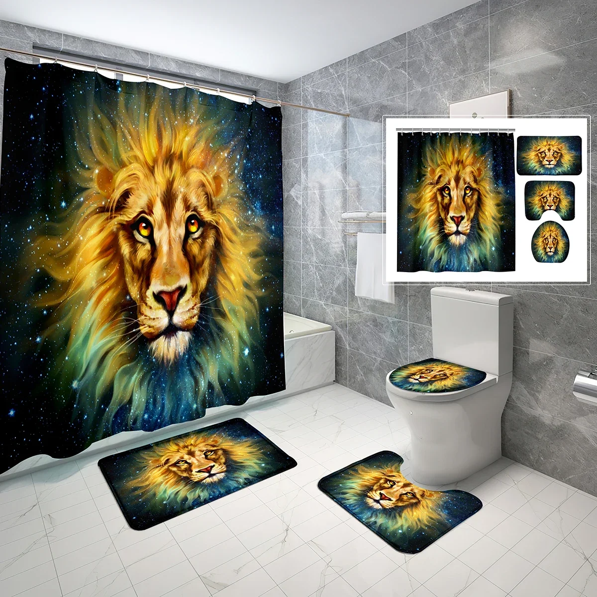 4 PCS Fantasy Lion Shower Curtain Sets,Art Colorful Animals Bathroom Waterproof Bath Curtain,Non-Slip Bath Mat Toilet Cover Set