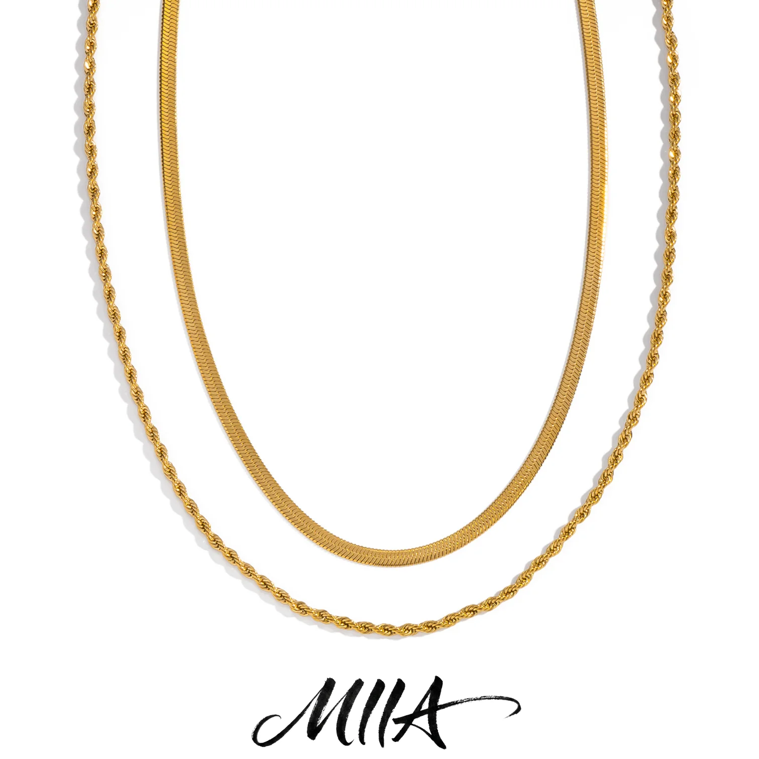 Miia 18K Gold PVD Plated Stainless Steel Metal Double-layer Snake Chain Necklace for Women Elegant Daily Fashion Jewelry Gifts
