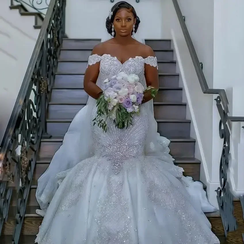 Customized Luxury Arabic African Mermaid Wedding Dresses 2024 V Neck Backless Crystal Rhinestones Vestidos De Fiesta Bridal Gown