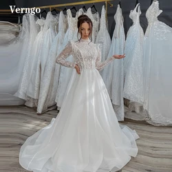 Verngo Modest A Line Lace Boho Wedding Dresses Long Sleeves High Neck Organza Skirt Sweep Train Bride Dress Customized
