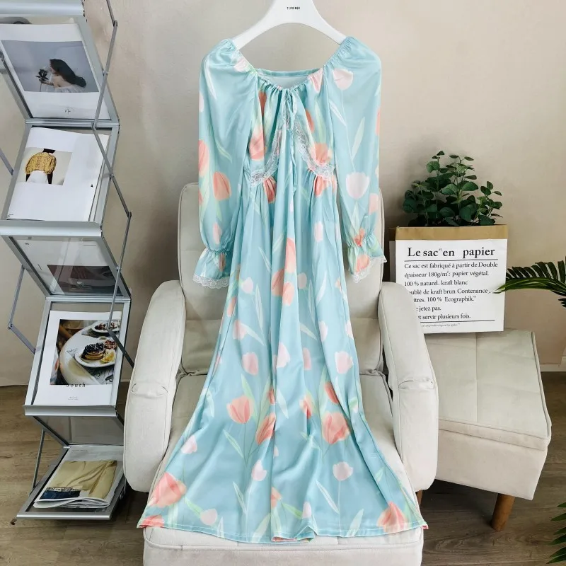 

Elegant Floral Printing Women Silky Satin Long Nightgowns Sleepshirts Summer Home Dress Sleepwear Nightdress Indoor Clothing
