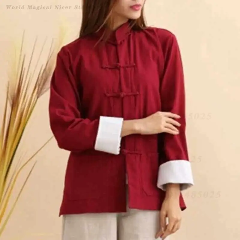 Women Chinese Style Tang Suit Long Sleeve Coat Stand Collar Frog Button Retro Zhongshan Jacket Loose Plus Size Cotton Linen Top
