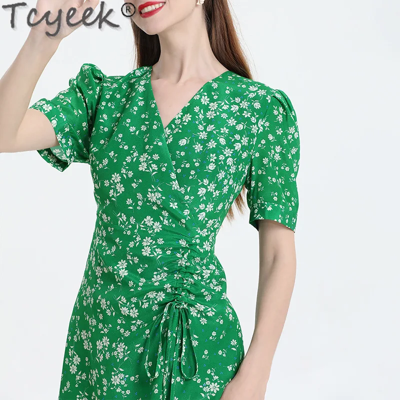 Tcyeek 100% Mulberry Silk Mini Dress Women Clothing Elegant and Pretty Women's Dresses Fashion Summer Dresses 2024 Beach Dress