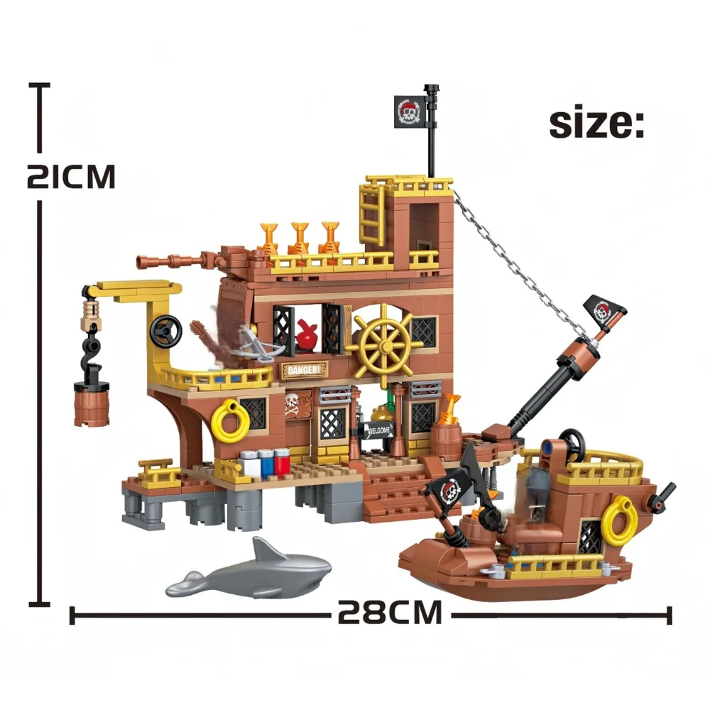 442 pièces MOC Le navire pirate de jeu Blocs de construction Jouets Briques Modèle Figurines Quai de requins Château Décoration de bureau Cadeau d'anniversaire