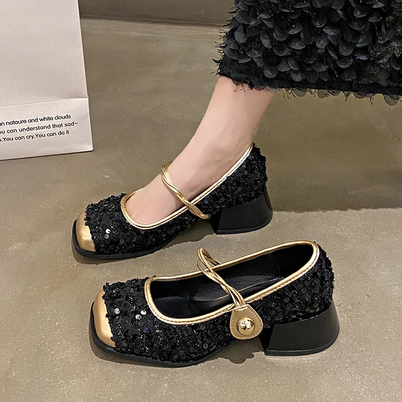 

2024 Spring New Style Princess Glitter Shallow Mary Jane Sandals Women's Thick Heel Square Head Elegant Versatile Single Shoes