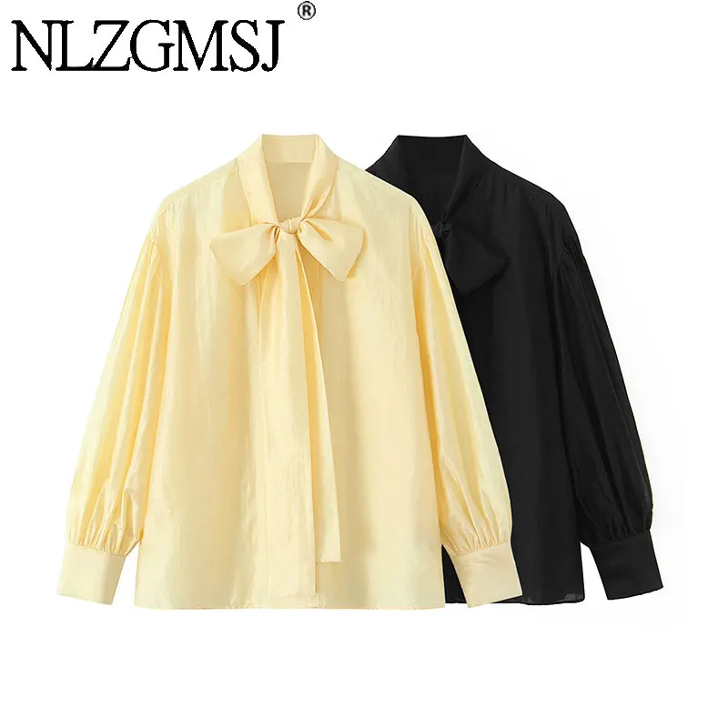 NLZGMSJ 2026 Frühling Vintage Elegante Damenbluse Einfarbiger Pullover mit Schleife und Schnürung Lockere Hemden Neue Mode Bürodamen-Blusen