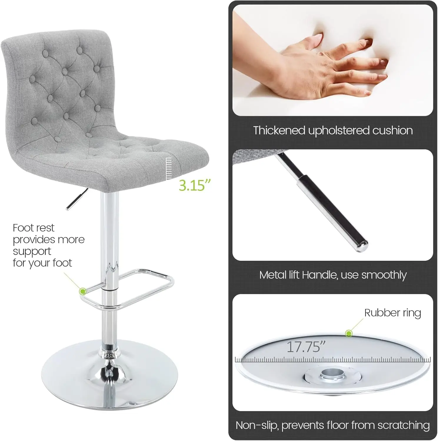 Tufted Fabric Bar Stools Set of 2, Adjustable Swivel Counter Height with Back, Upholstered Armrests (Light Grey)