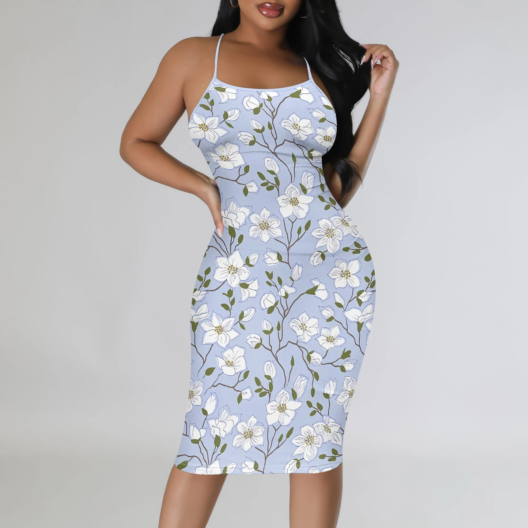 

Nupusa Floral Print Dress for Women Summer Elegant Spaghetti Strap Bodycon Dress